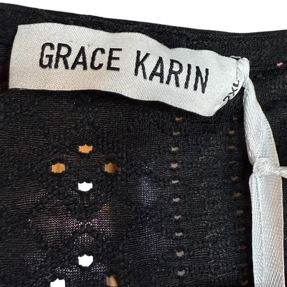 NWT Grace Karin black eyelet textured long sleeve faux wrap blouse Women's 2X - Picture 5 of 6